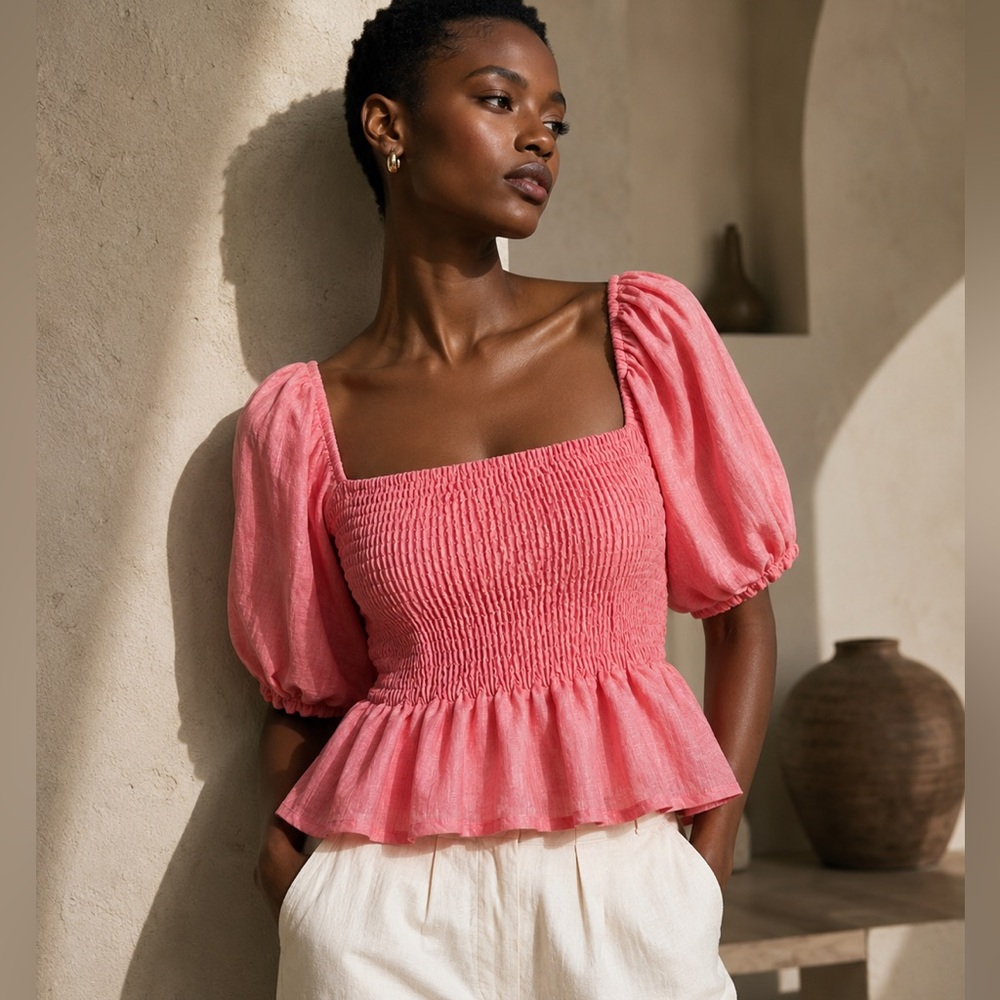 Smocked Square-Neck Puff Sleeve Top in Coral Pink